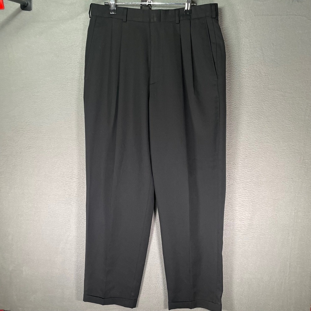 Slates Dress Pants Mens 32x32 Black Pleated Cuffed Wool Blend Classic Vintage